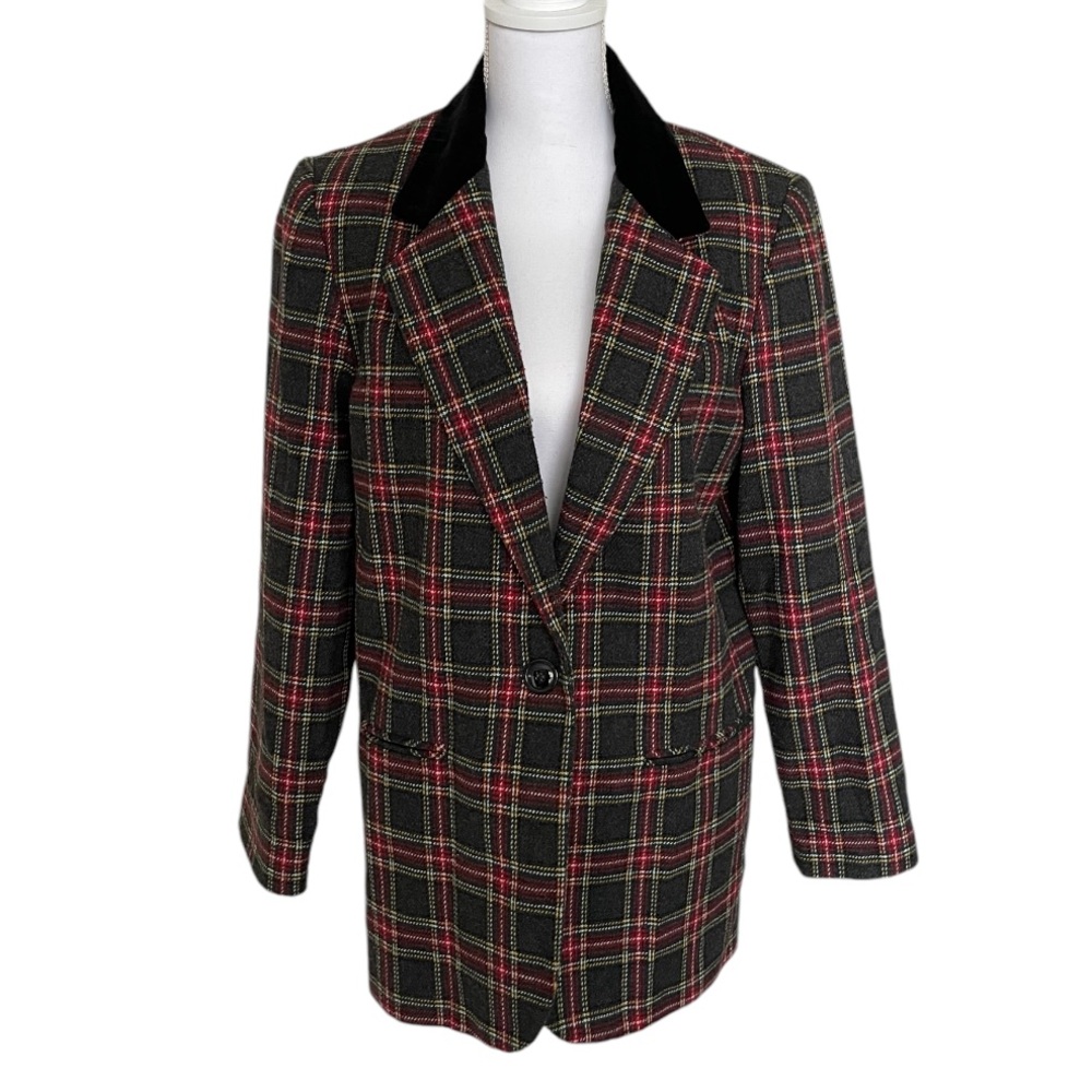 Vintage 90s Oversized Plaid Wool Blazer Size 10 Holiday Red Gray Velvet Collar